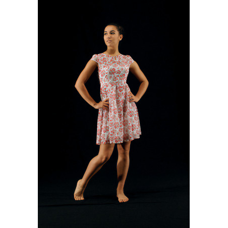 GR17I - Robe mousseline blanche, fleurs roses