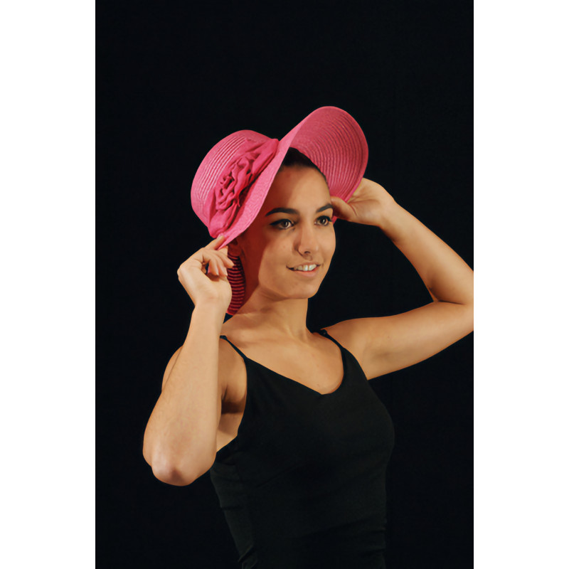 ACCCH13B - Chapeau de paille fuchsia avec une fleur