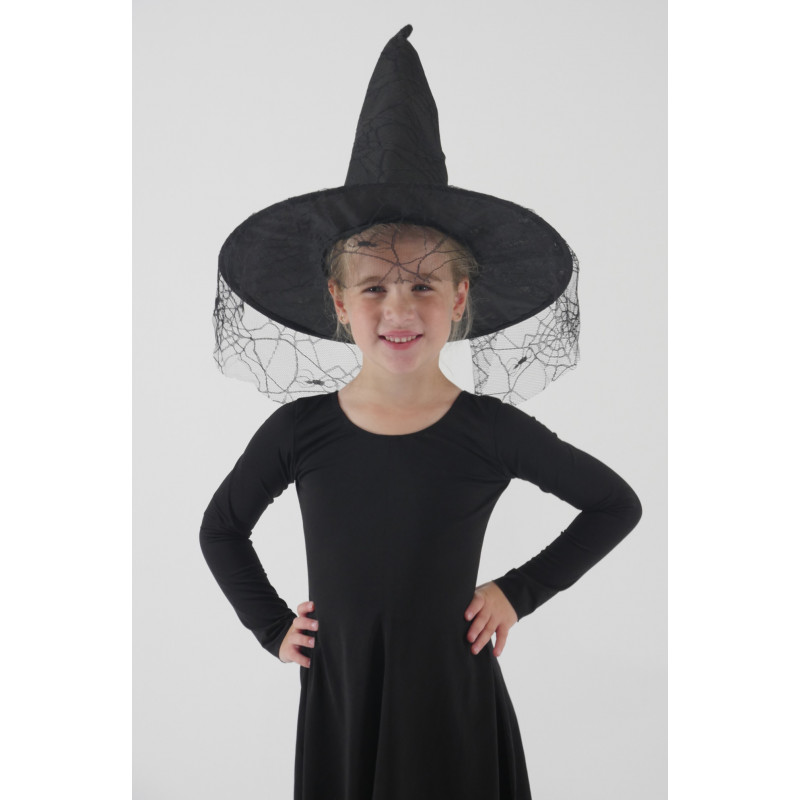 ACCCH2F - Chapeau de sorcière noir avec voilette pour enfants ACCCH2F - Chapeau de sorcière noir avec voilette pour enfants