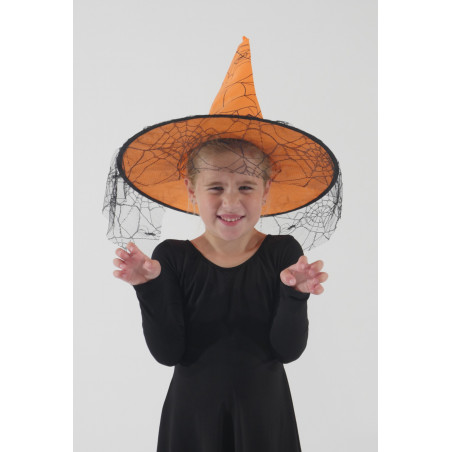 ACCCH2G - Chapeau de sorcière orange avec voilette noire pour enfants