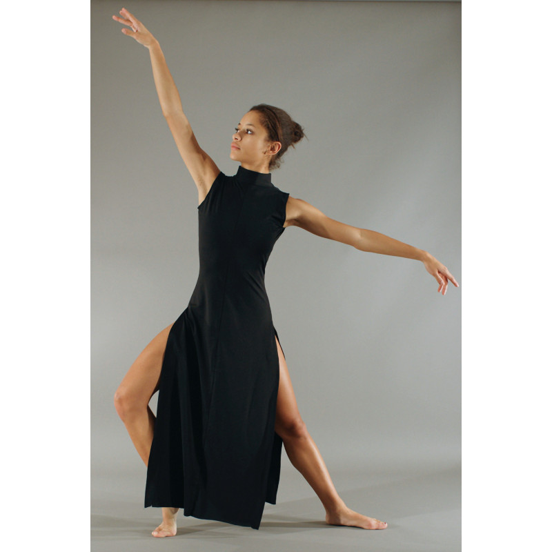 GRL18A - Robe longue fendue noire col mao GRL18A - Robe longue fendue noire col mao