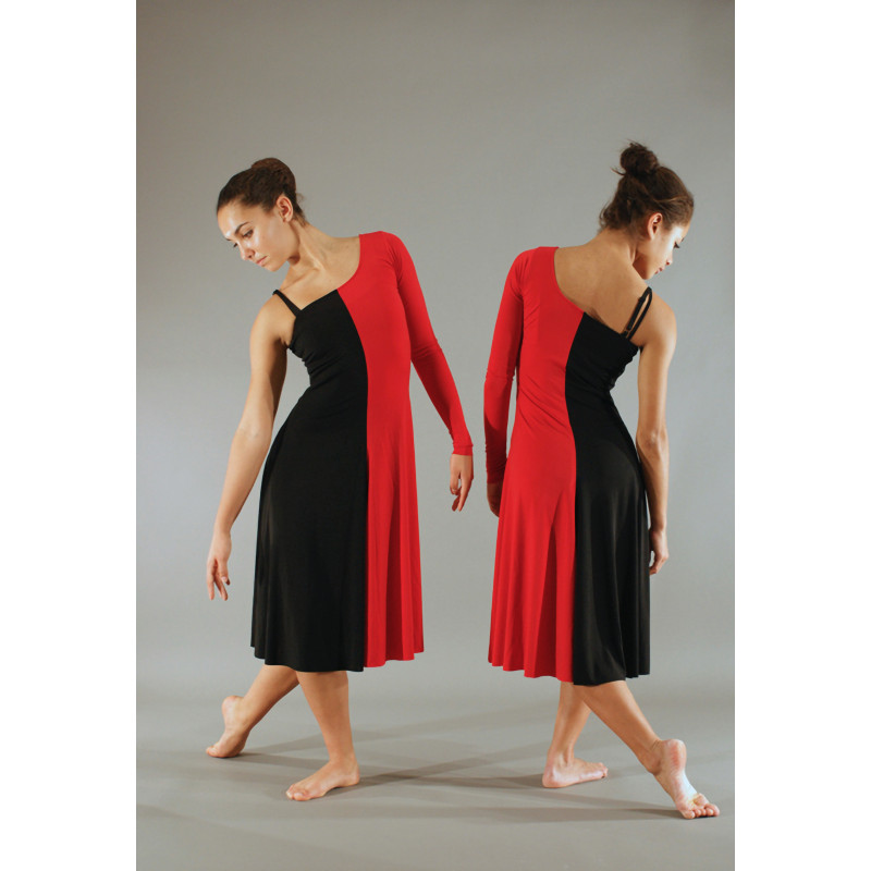GRL10D - Robe une manche et une fine bretelle rouge et noir GRL10D - Robe une manche et une fine bretelle rouge et noir