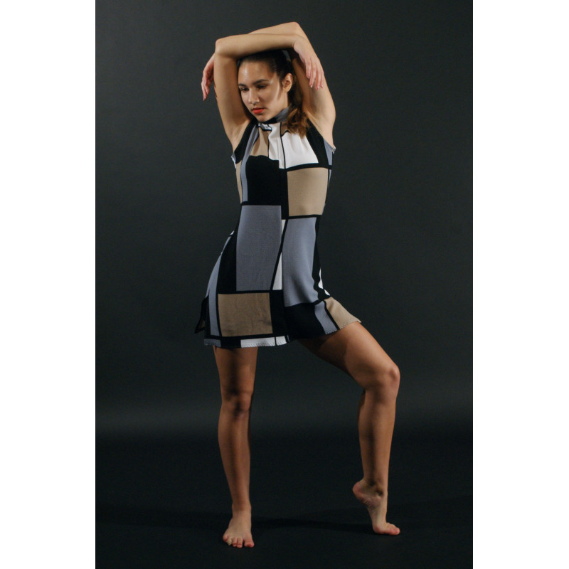 GRC7M - Robe col mao Mondrian grise et taupe GRC7M - Robe col mao Mondrian grise et taupe